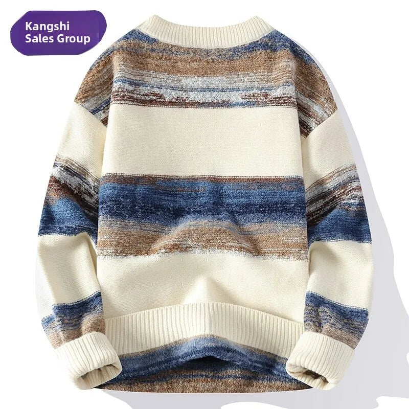 Laid-ba Sle Men's Knitted Sweater round Ne adient Color Stripes Base Layer Winter Faion Casual Youthful Ci Life
