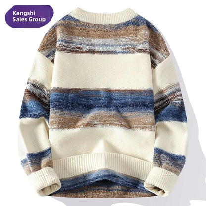 Laid-ba Sle Men's Knitted Sweater round Ne adient Color Stripes Base Layer Winter Faion Casual Youthful Ci Life