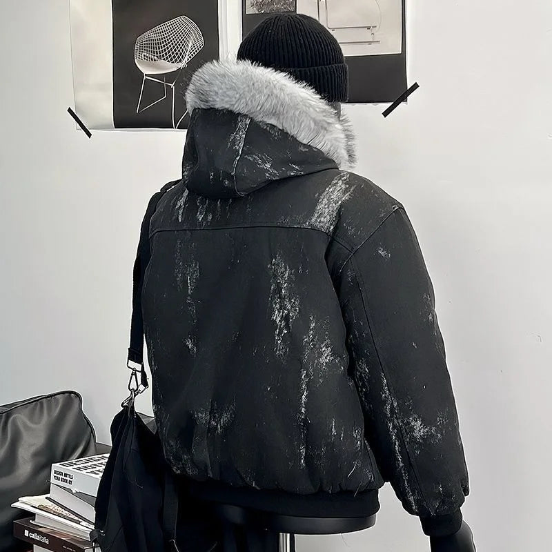 Y2K Cotton jacket with fur collar eagle embroidered and tie-dyeed winter men's design outdoor jacket thick and comfortable