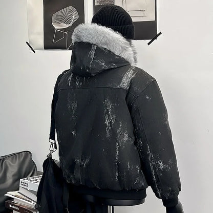 Y2K Cotton jacket with fur collar eagle embroidered and tie-dyeed winter men's design outdoor jacket thick and comfortable
