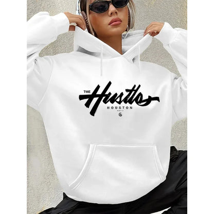 Herbst Winter Damen Locker Warm Houston Buchstabenmuster Wildleder Langarm Kapuzenpullover