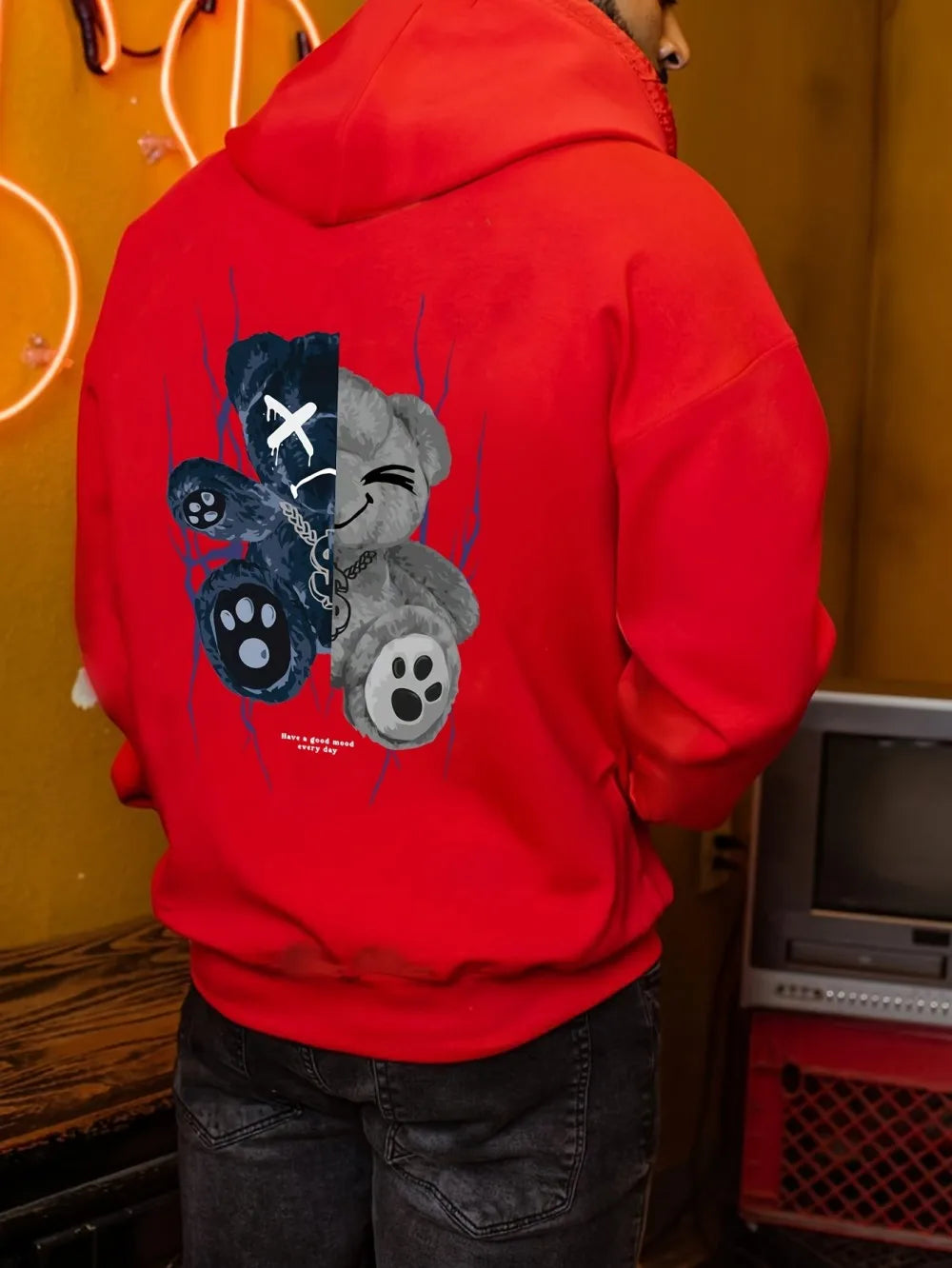 Modisches Herren-Kapuzen-Sweatshirt mit personalisiertem Teddybären-Print, bequem, für Herbst, Outdoor, Urban, High Street Style