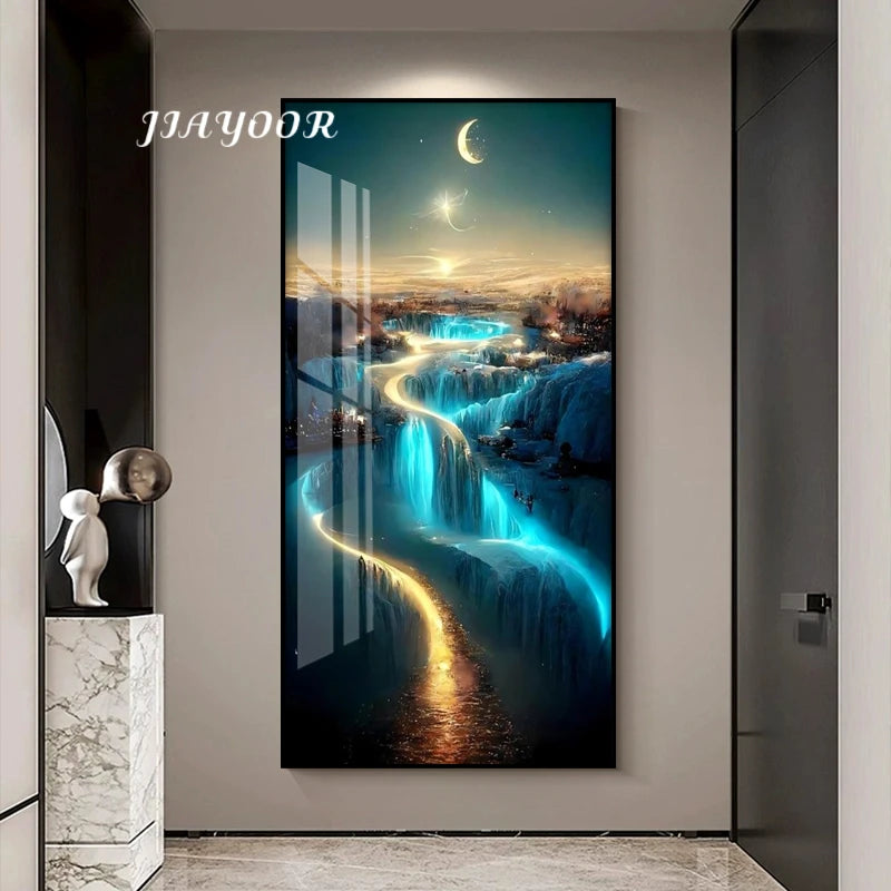 Framed artwork of a futuristic cityscape with glowing waterways on a wall in a modern interior setting.