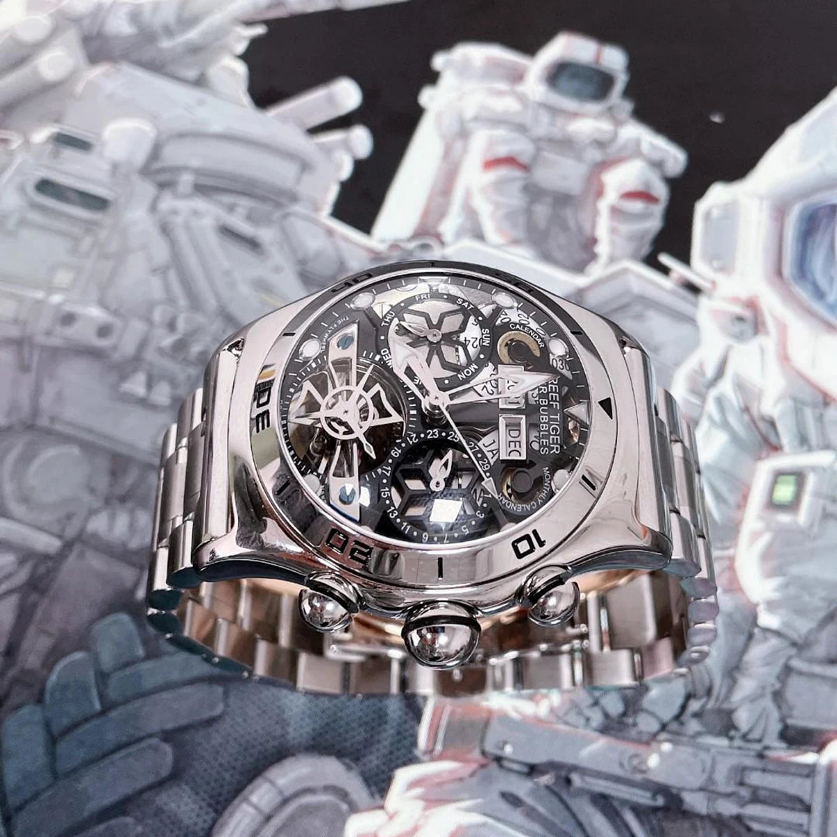Reef Tiger/RT Sportuhr für Herren Skelett Automatikuhr Leuchtend Jahr Monat Datum Tag Stahlarmband Uhren RGA703
