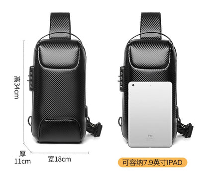 Black crossbody bag with measurements and iPad compatibility on a white background
