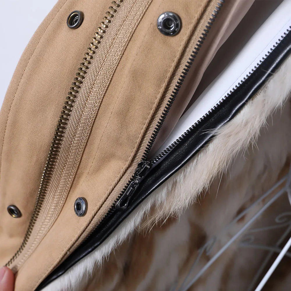 MAOMAOKONG 2023 Abnehmbarer Echtfuchs Pelzkragen Mäntel Damen Winterjacke Kapuze Kaninchenfellfutter Lange Parkas Damenbekleidung