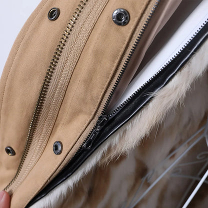 MAOMAOKONG 2023 Abnehmbarer Echtfuchs Pelzkragen Mäntel Damen Winterjacke Kapuze Kaninchenfellfutter Lange Parkas Damenbekleidung