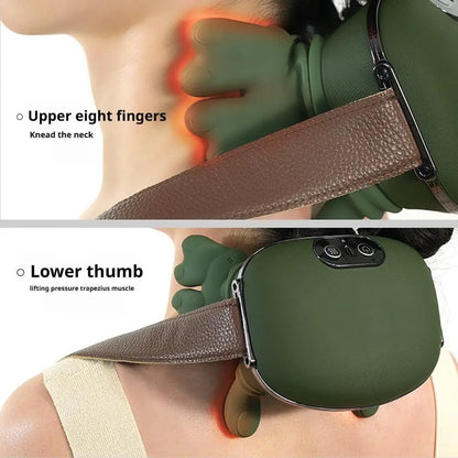 Massage device being used on a person's neck with instructions on how to use it.