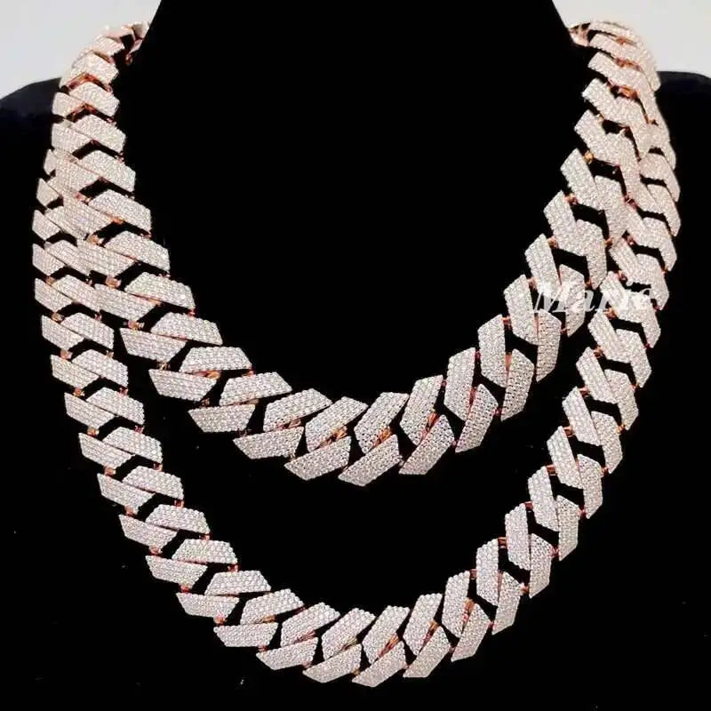 15-20mm 4 Rows Vvs Moissanite Sterling Silver 925 Diamond Chain Cuban 18k Rose Gold Plated Cuban Chain