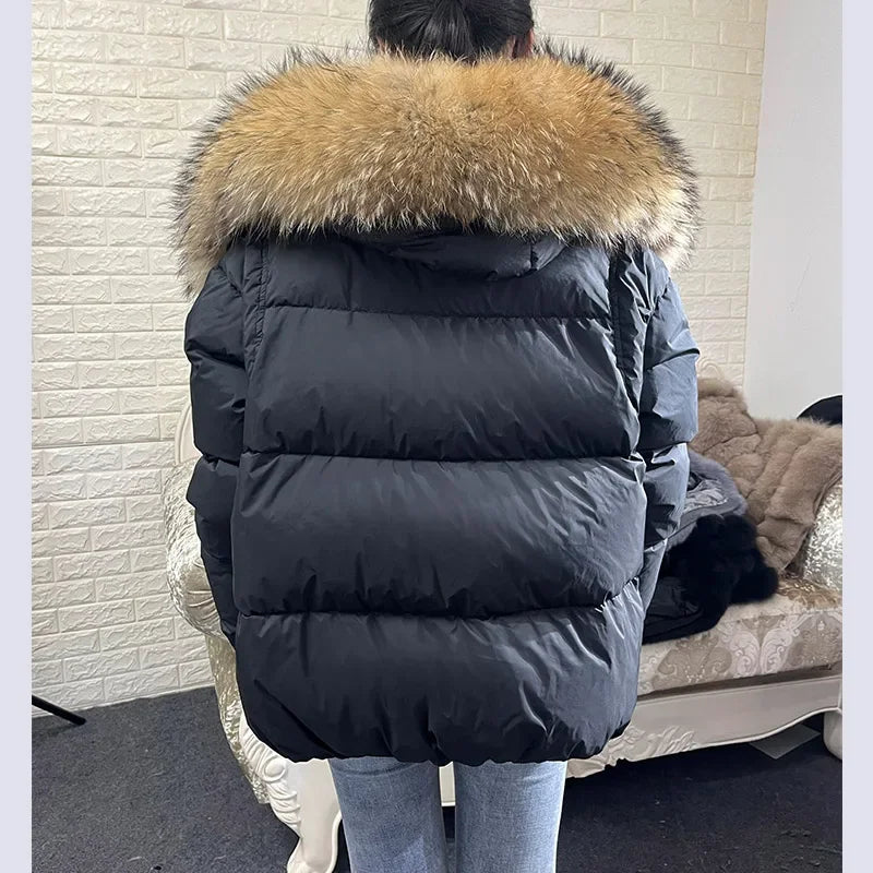 2025 MAOMAOKONG White Duck Down Jacket Winter Women Warm Loose Coat Natural Real Fox Fur Collar Thick Luxury Outerwear parkas