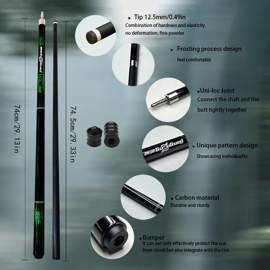 Billiard cue with detailed specifications on a gray background