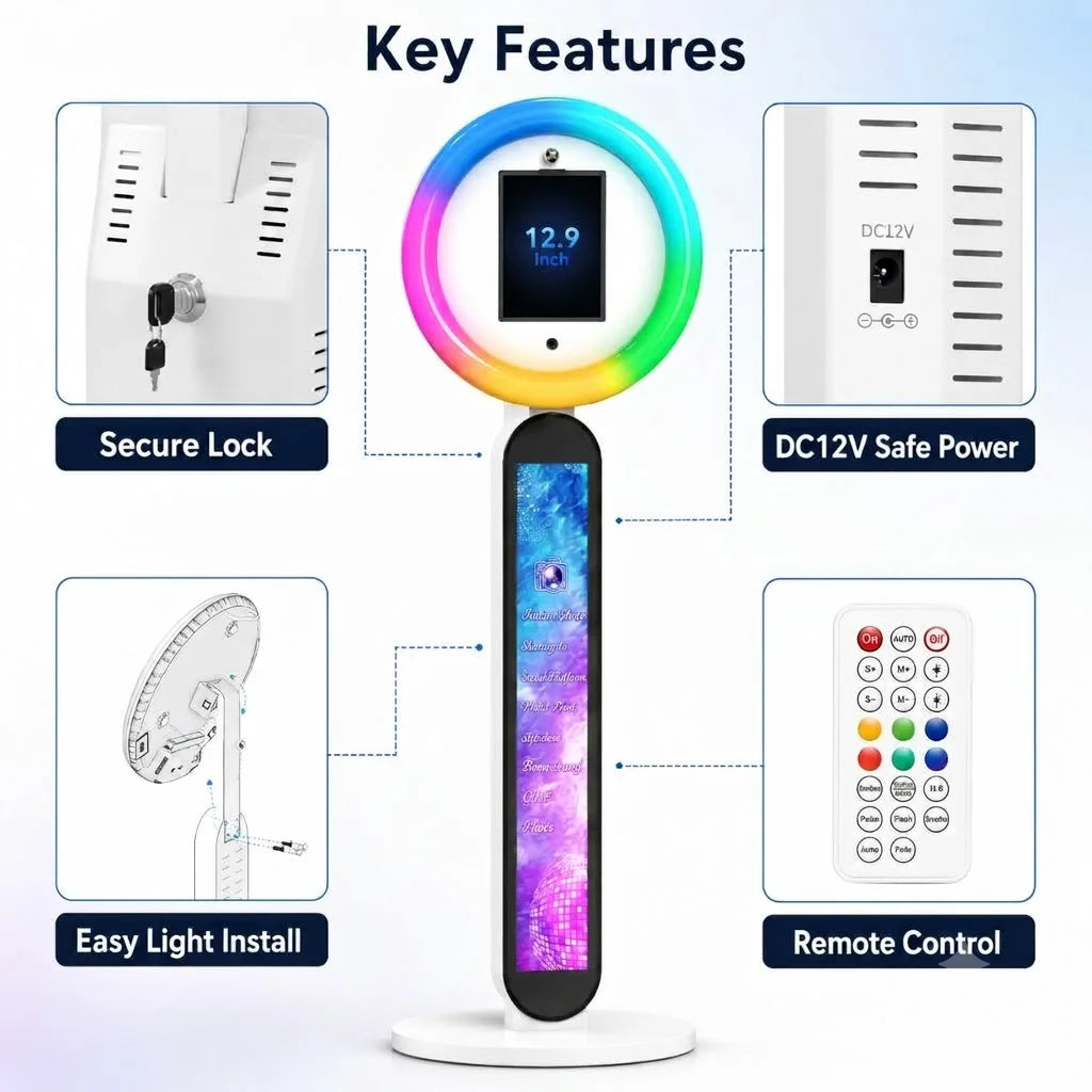Portable iPad Photo Booth Stand with RGB Fill Light for Wedding Birthday Party Events Selfie Booth Kit for Tablet Flight Case