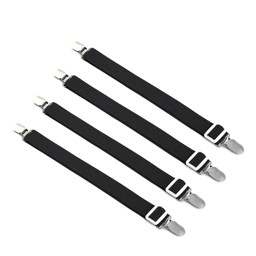 4er-Set verstellbare Bettlaken-Befestigungsbänder, elastische Matratzenbezug-Eckhalter-Clips, Greifer, Hosenträger-Kordel, Haken-Schlaufen-Verschlüsse