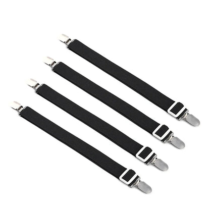 4er-Set verstellbare Bettlaken-Befestigungsbänder, elastische Matratzenbezug-Eckhalter-Clips, Greifer, Hosenträger-Kordel, Haken-Schlaufen-Verschlüsse