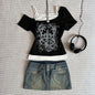Women's 90s Vintage Punk T-Shirt Summer Streetwear Sexy Short Sleeve Gothic Slim Crop Top Hotgirl Casual Femme Tee Harajuku Y2k