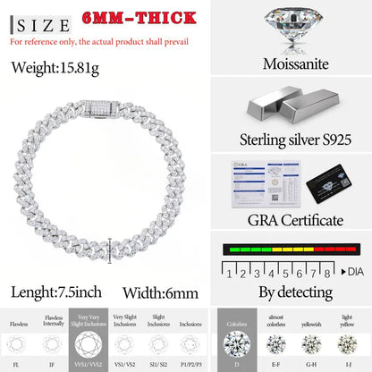 TUHE Unisex VVS1 D Color Moissanite 6mm Cuban Chain Bracelet  S925 Silver For Men Hip Hop Jewelry