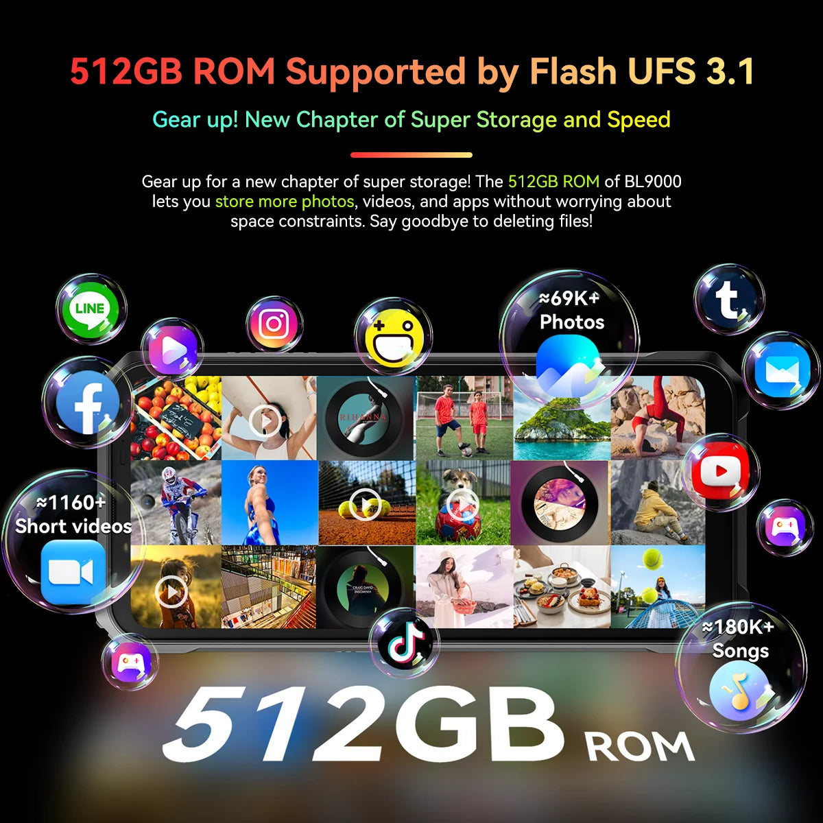 Promotional graphic for a device with 512GB ROM support by Flash UFS 3.1, showing app icons and storage capacity.
