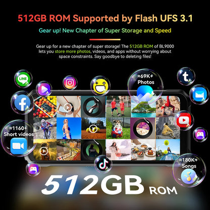 Promotional graphic for a device with 512GB ROM support by Flash UFS 3.1, showing app icons and storage capacity.