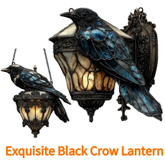 Exquisite black crow lantern with stained glass design on a white background