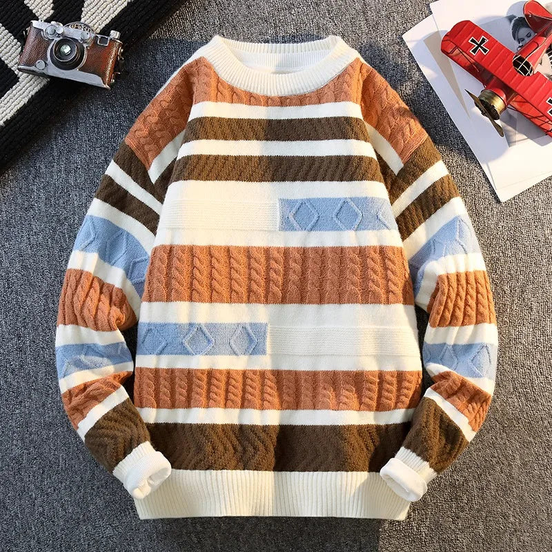 Autumn and Winter Color Block Fashion Sweater Sweater Men's Round Neck Long Sleeve Pullover Top