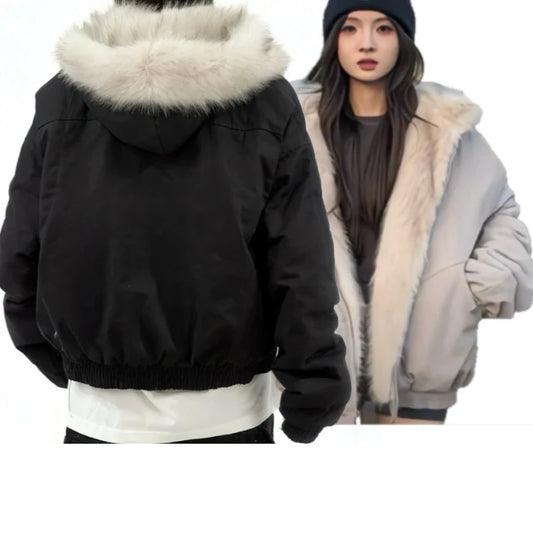 2025 Winterjacke für Damen, verdickter Pelzkragen, warm, Reißverschluss, Kapuzenpullover, für Paare, modisch, modisch, lässig, locker, Oberteil