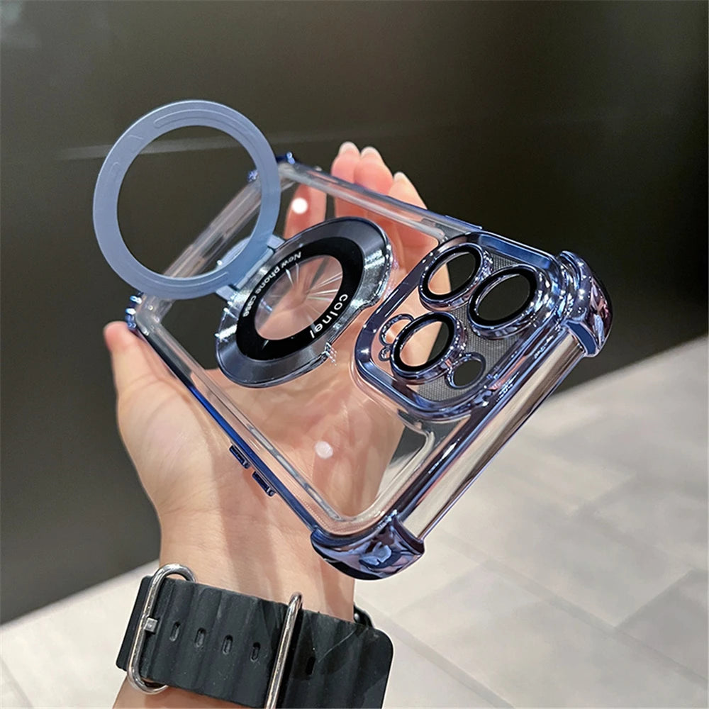 Clear phone case with camera lens protector held by a hand