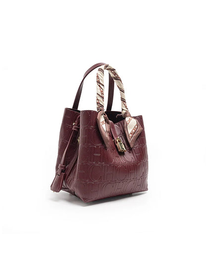 CH New Tote Bag Embossed Logo Silk Scarf Decor Lock Buckle Burgundy Fashion Women Casual Daily Handbag