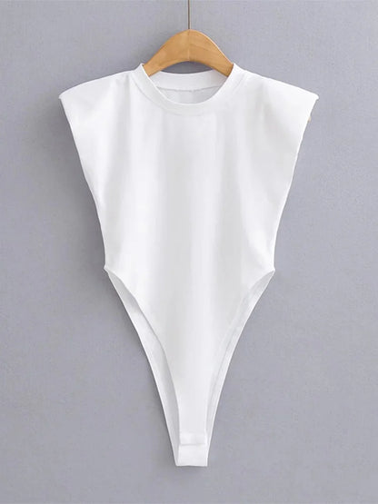 Sexy Oberteile Damen Sommer-Einteiler Bodycon Bodysuit gepolsterter Schulter-Bodysuit schwarze ärmellose Bodys für Damen weiß