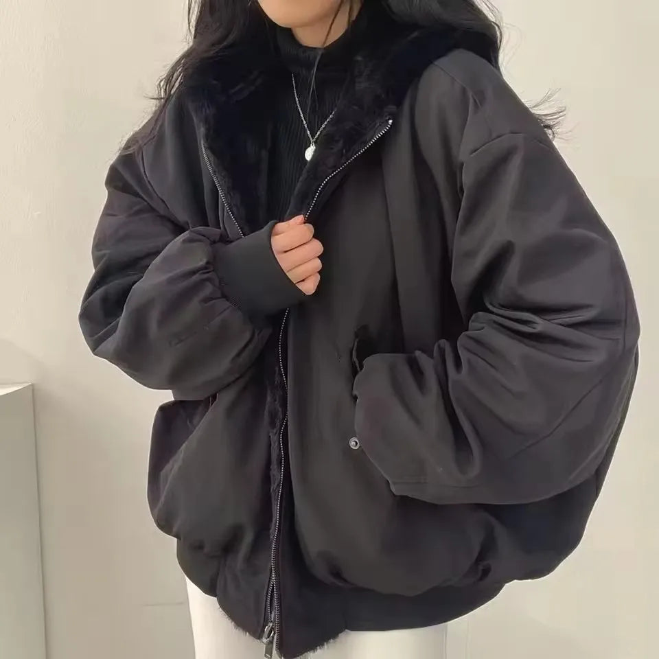 Winter Warm Clothing Men Women Retro Simple Plush Coat Sportswear New Loose Hooded Cotton Jacket Punk Fur Collar Jacket Couple