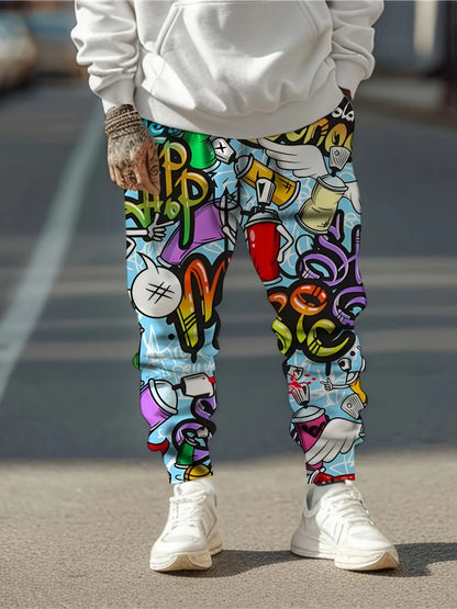 2025 European and American Autumn Men's Letter Graffiti Printed Soft and Comfortable Drawstring Pants Outdoor Street Style Pants