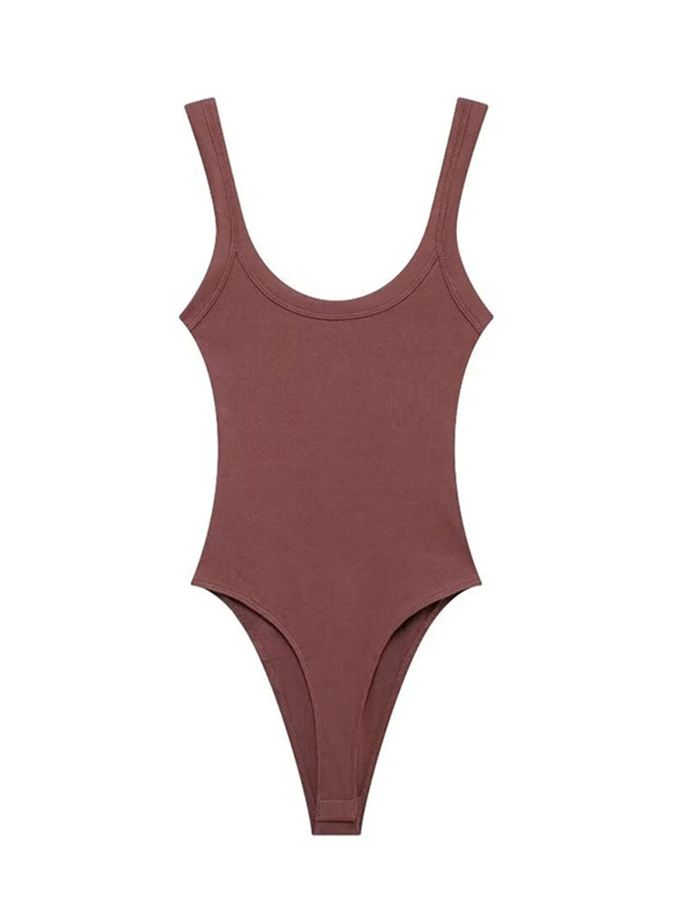 Women's Skinny Ribbed Bodysuits O Neck Straps Snap-Button Sexy Fashion Female Playsuits Comfortable Stretchy Clothing
