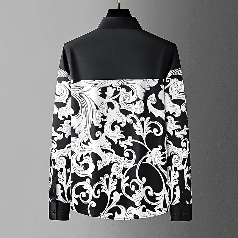 Luxury Palace Printed Splicing Men's Shirt Long Sleeve Casual Business Shirts Trendy Social Banquet Party Shirt Men Clothing