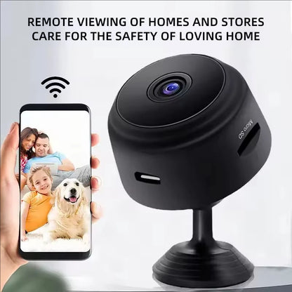 Black security camera with smartphone displaying family photo, text about remote home viewing.