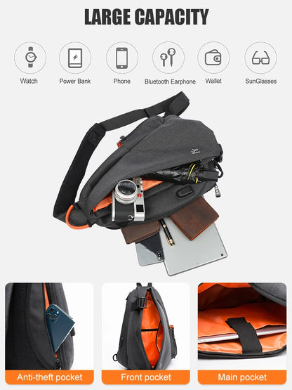 Black crossbody bag with various compartments and items on a white background