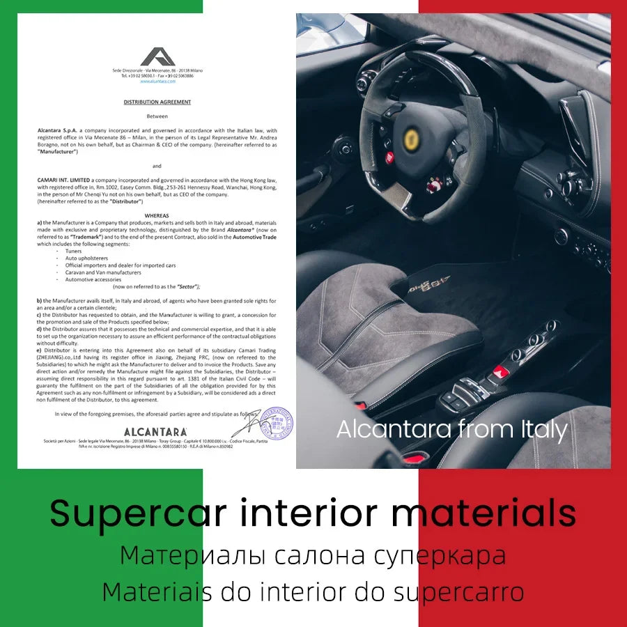 Car interior with Alcantara material branding and Italian flag elements.