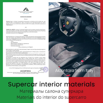 Car interior with Alcantara material branding and Italian flag elements.