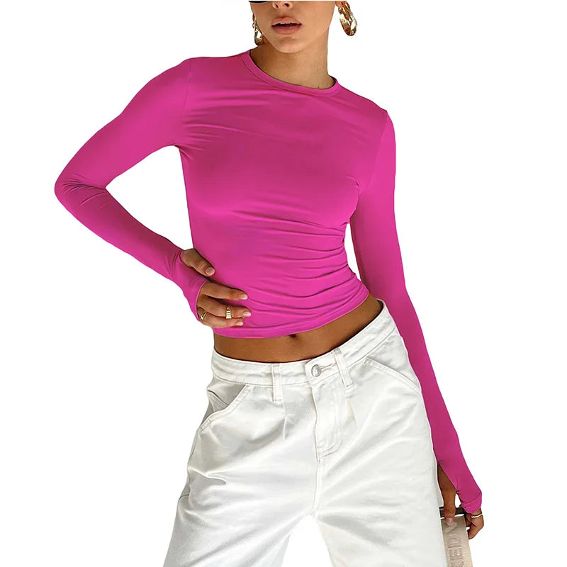 Fashion Women T-shirt Long Sleeve Crew Neck Solid Slim Fit Ladies Crop Top with Thumb Holes for Daily Streetwear Summer Camis