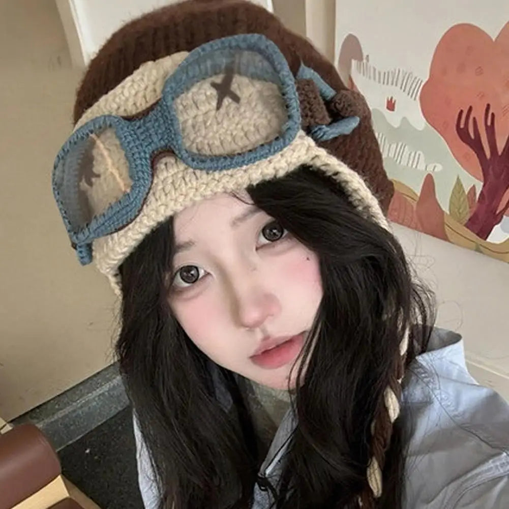 Korean Niche Pilot Knitted Hat With Detachable Glasses Funny Knitted Beanie Cap Unisex Autumn Winter Warm Ear Protection Hats