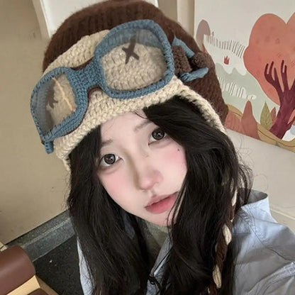 Korean Niche Pilot Knitted Hat With Detachable Glasses Funny Knitted Beanie Cap Unisex Autumn Winter Warm Ear Protection Hats