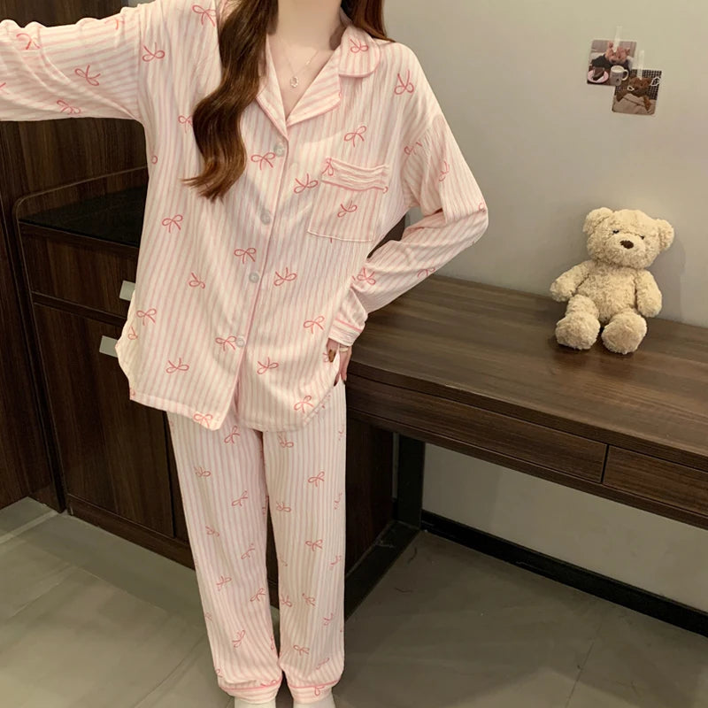Pink Bow Dtie Design Pajamas for Women Long Sleeve Top & Elastic Waist Pants Pajamas Set Style Casual New Home Wear