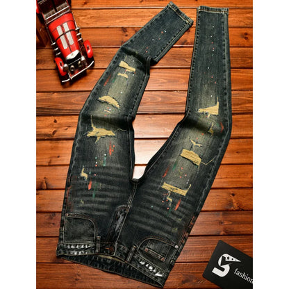 Men's Retro Patch Jeans – Paint Print Slim Denim