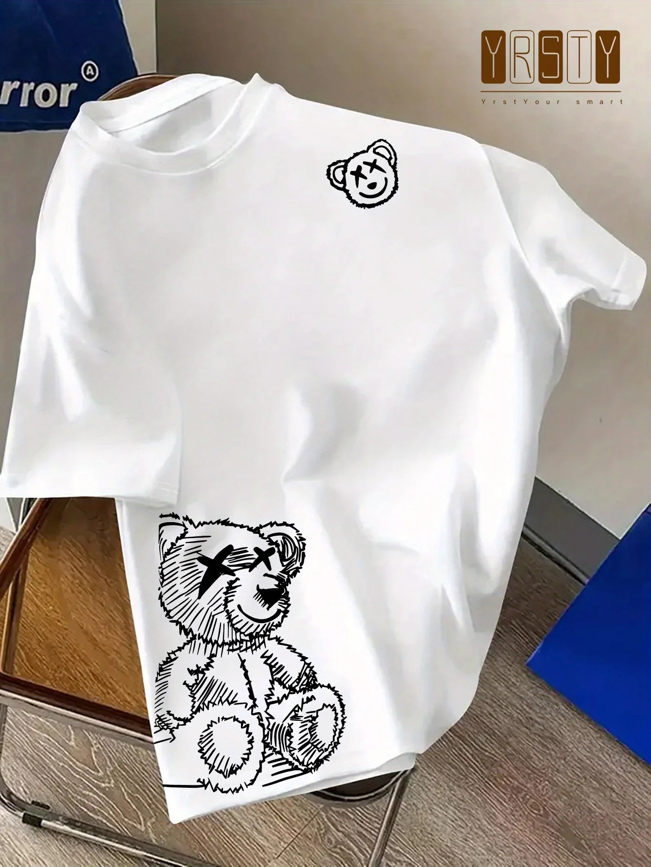 00% reine Baumwolle Herren Cartoon Bär Muster bedrucktes modisches lässiges lockeres Sport Rundhals Kurzarm T-Shirt Oberteil