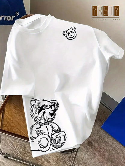00% reine Baumwolle Herren Cartoon Bär Muster bedrucktes modisches lässiges lockeres Sport Rundhals Kurzarm T-Shirt Oberteil