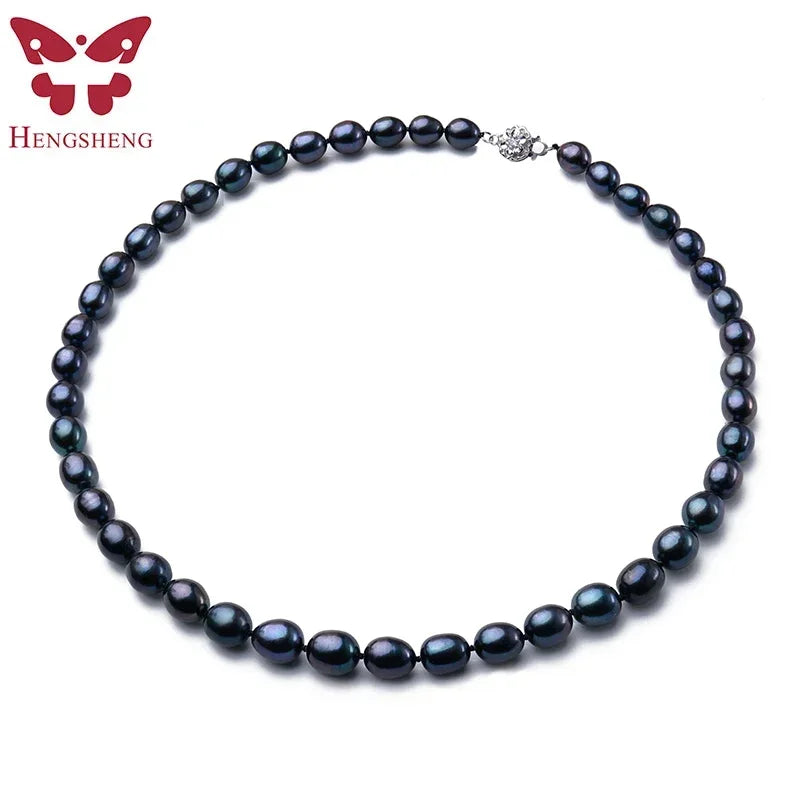 YWYC 8-9mm 11-12mm Black Rice Shape Natural Freshwater Pearl Necklaces for Women 925 Sterling Silver Flower Buckle Jewelry Gift