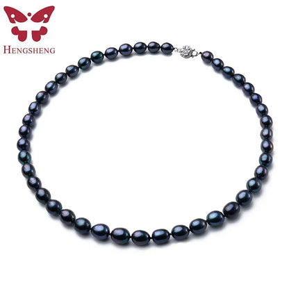 YWYC 8-9mm 11-12mm Black Rice Shape Natural Freshwater Pearl Necklaces for Women 925 Sterling Silver Flower Buckle Jewelry Gift