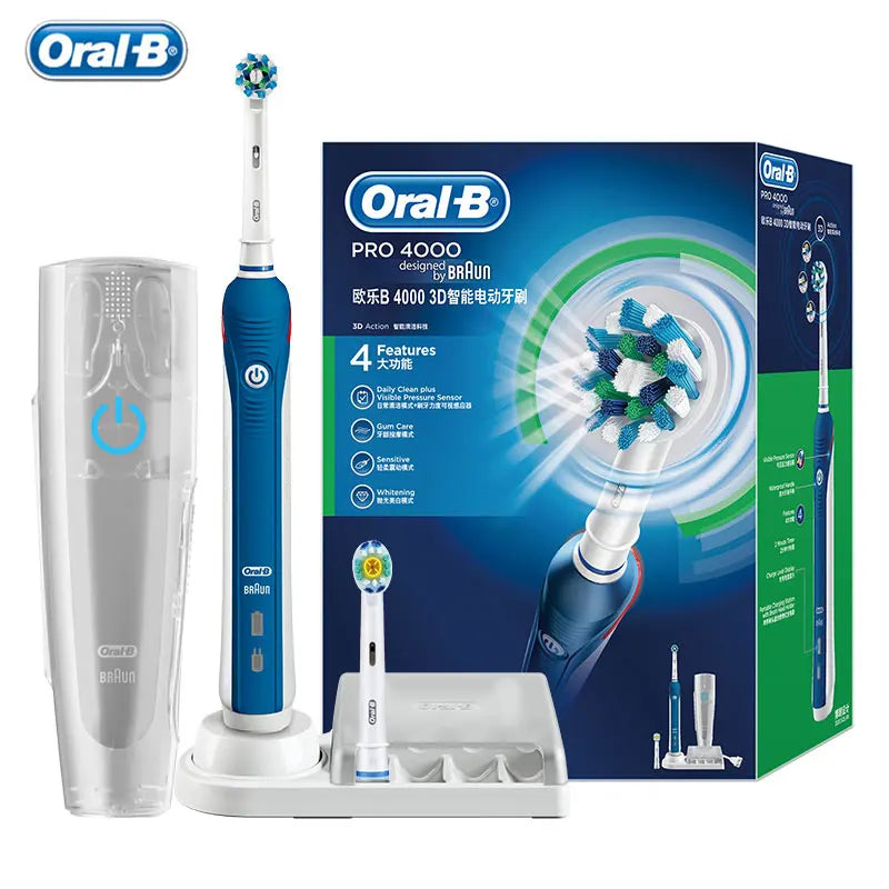 Oral B Elektrische Zahnbürste Pro 4000 3D-Reinigung Tägliche Reinigung Zähne Sichtbarer Andrucksensor 4 Modi Zahnfleischpflege Wasserdicht Wiederaufladbar