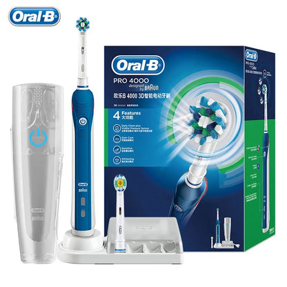 Oral B Elektrische Zahnbürste Pro 4000 3D-Reinigung Tägliche Reinigung Zähne Sichtbarer Andrucksensor 4 Modi Zahnfleischpflege Wasserdicht Wiederaufladbar