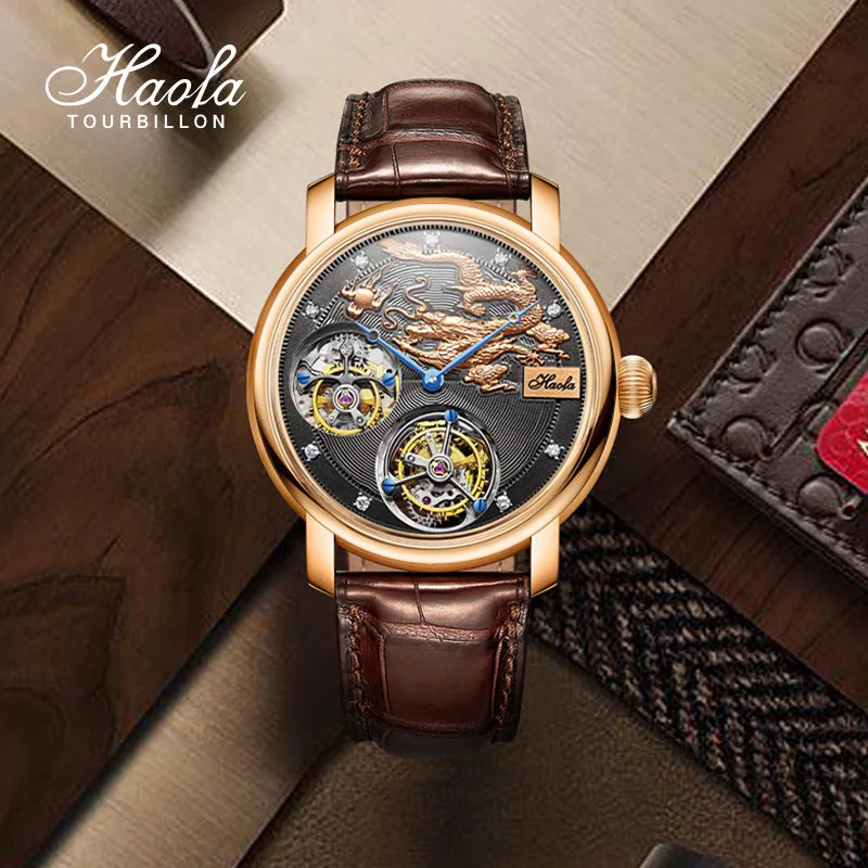 18K Double Tourbillon Watch Diamond Hour Markers Mechanical Tourbillon High Quality Watches