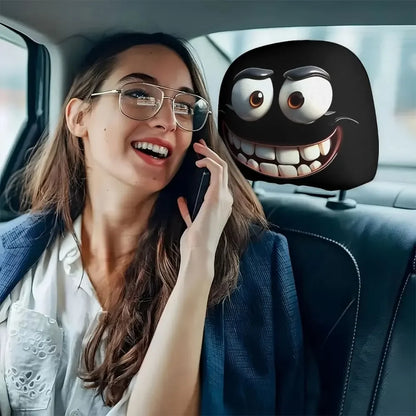 2pcs Smiley Face Printed Car Pillowcase Soft Comfortable Decorative Cushion Cover Auto Seat Headrest Washable Polyester Fabric