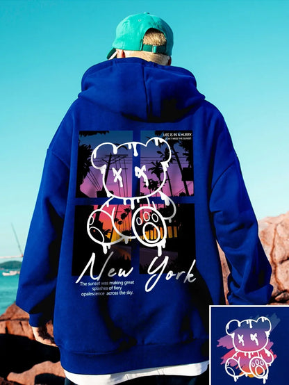 New autumn European and American men's teddy bear graffiti print soft and comfortable hooded sweatshirt outdoor street style clo